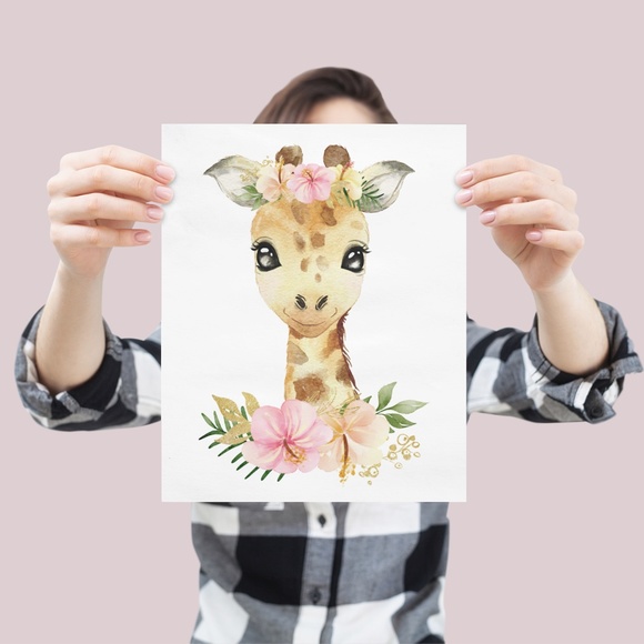 Cute Floral Giraffe Watercolor Wall Art Print Poster Unframed - Picture 6 of 15